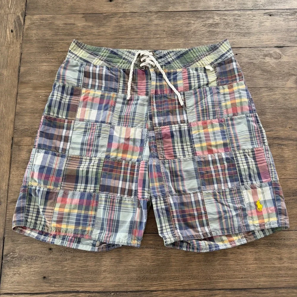Polo Ralph Lauren Mens Patchwork Madras Plaid Board Shorts Swim Trunks Size 32